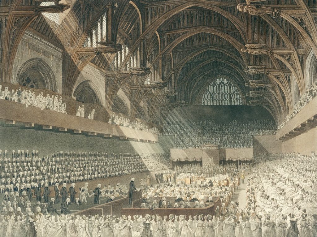 The Trial of Henry Lord Viscount Melville in Westminster Hall (published 1806), print by J. Hill after a drawing by Augustus Charles Pugin and John Claude Nattes. © Parliamentary Art Collection